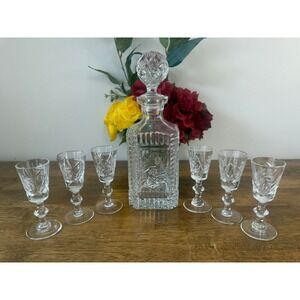 Vintage Crystal Decanter Set Pinwheel Starburst Square Whiskey Liquor Cordial